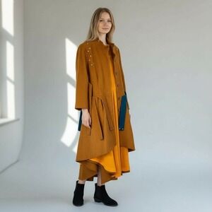 Vtg Womens Coat Sz M Mustard Wool Boho‎ Chic Buttons Festival Royalty Designer